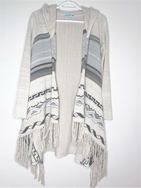 Goddis Boho Fringe Hooded Cardigan Sweater - Beige Gray